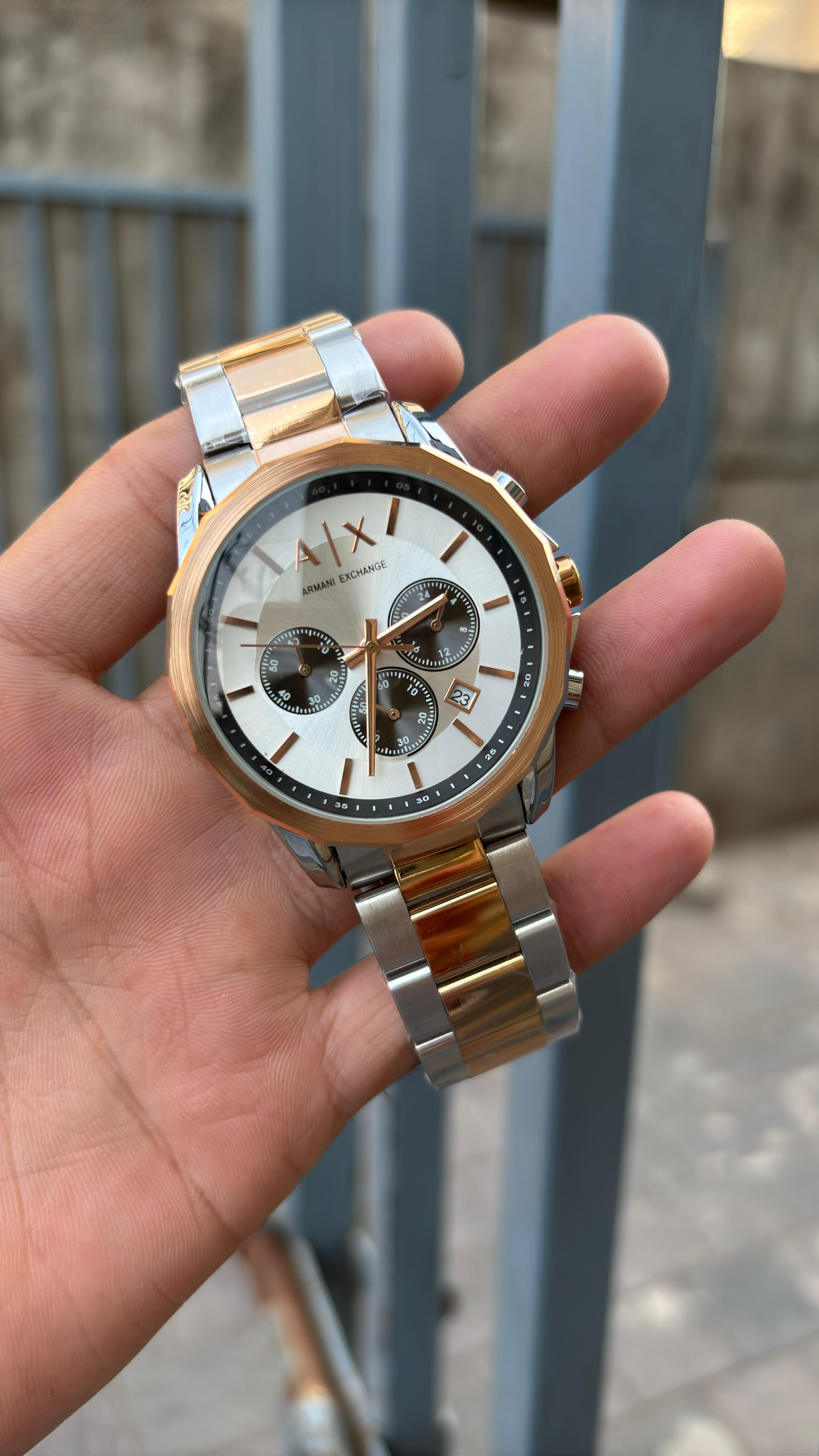 Armani-Ex-change White Dial Chronograph Two Tone Metal Belt Watch For Men's