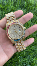 Ro-lex Analog Rainbow Dial Arabic Numerals Full Gold Diamond Men’s Watch
