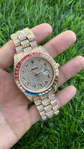 Ro-lex Analog Rainbow Dial Arabic Numerals Full Rose Gold Diamond Men’s Watch