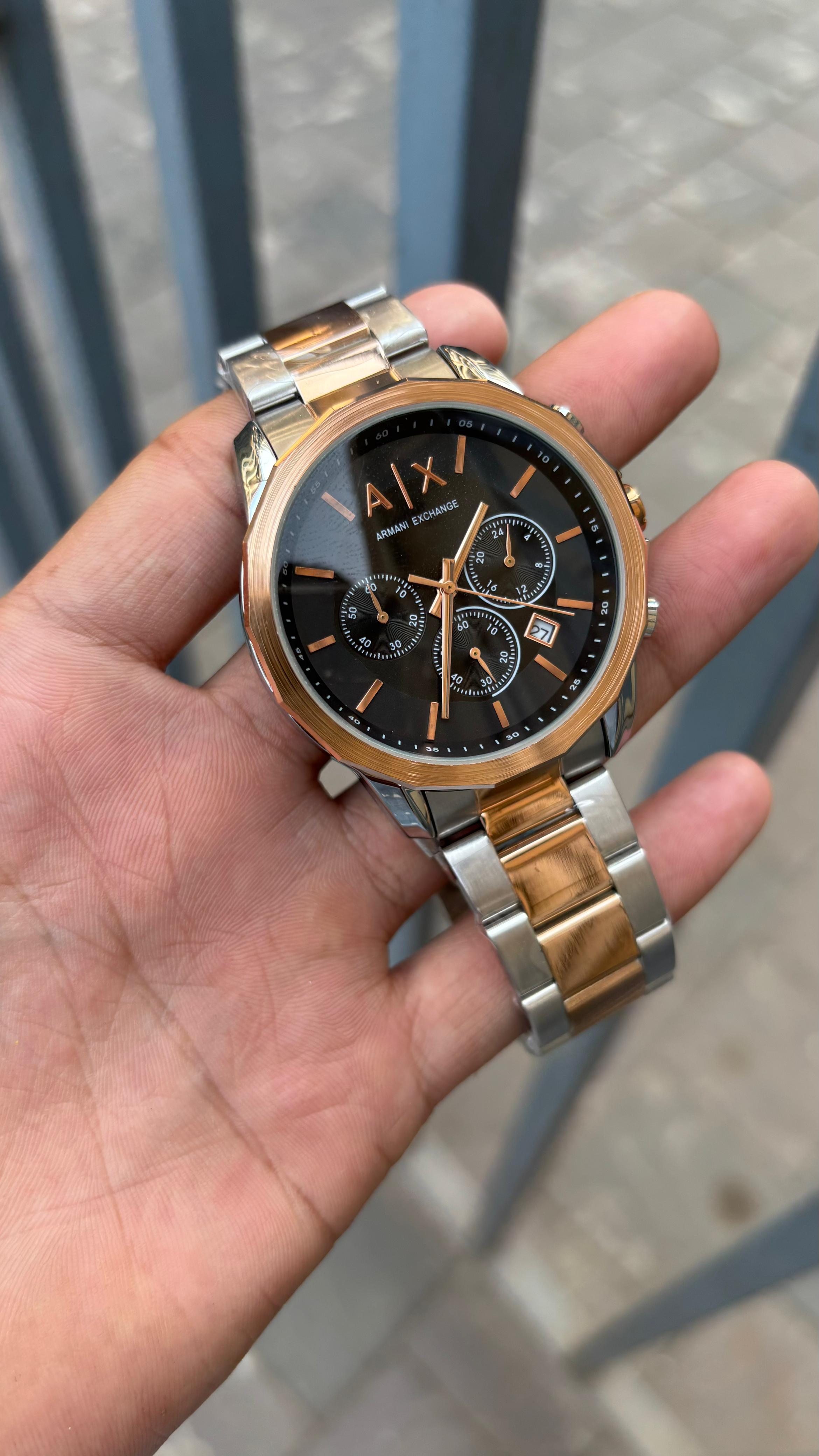 Armani-Ex-change Black Dial Chronograph Two-tone Metal Belt Men's Watch