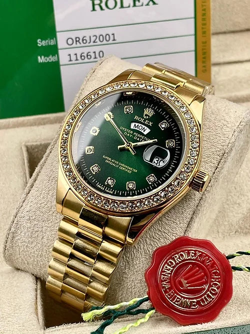 Ro-l-ex Green Dial Analog Quartz Chain Metal Round For Men's Watch