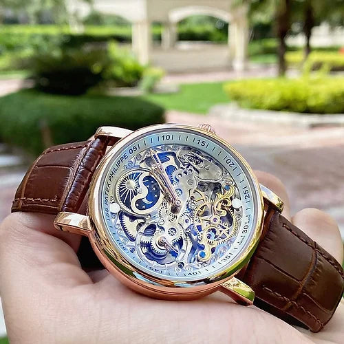 Pa-tek Phi-li-ppe Autometic Analog Quartz Brown Leather Belt Men's Watch