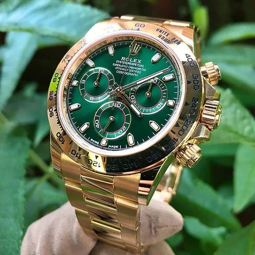 Ro-l-ex Automatic Golden And Green Dial Analog Chronograph Round Men's Watch