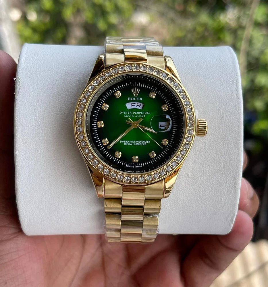 Ro-l-ex Green Dial Analog Quartz Chain Metal Round For Men's Watch